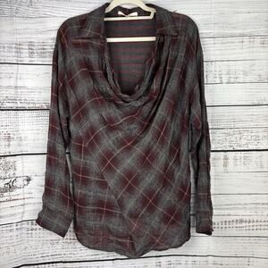 Burning Torch Womens‎ Sz M Red Gray Tartan Plaid Cowl Neck Top Tunic Wool Blend